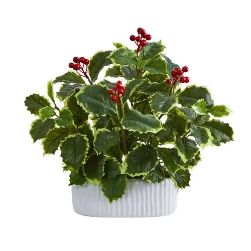 13" Variegated Holly Leaf Artificial Plant in White Planter (Real Touch)