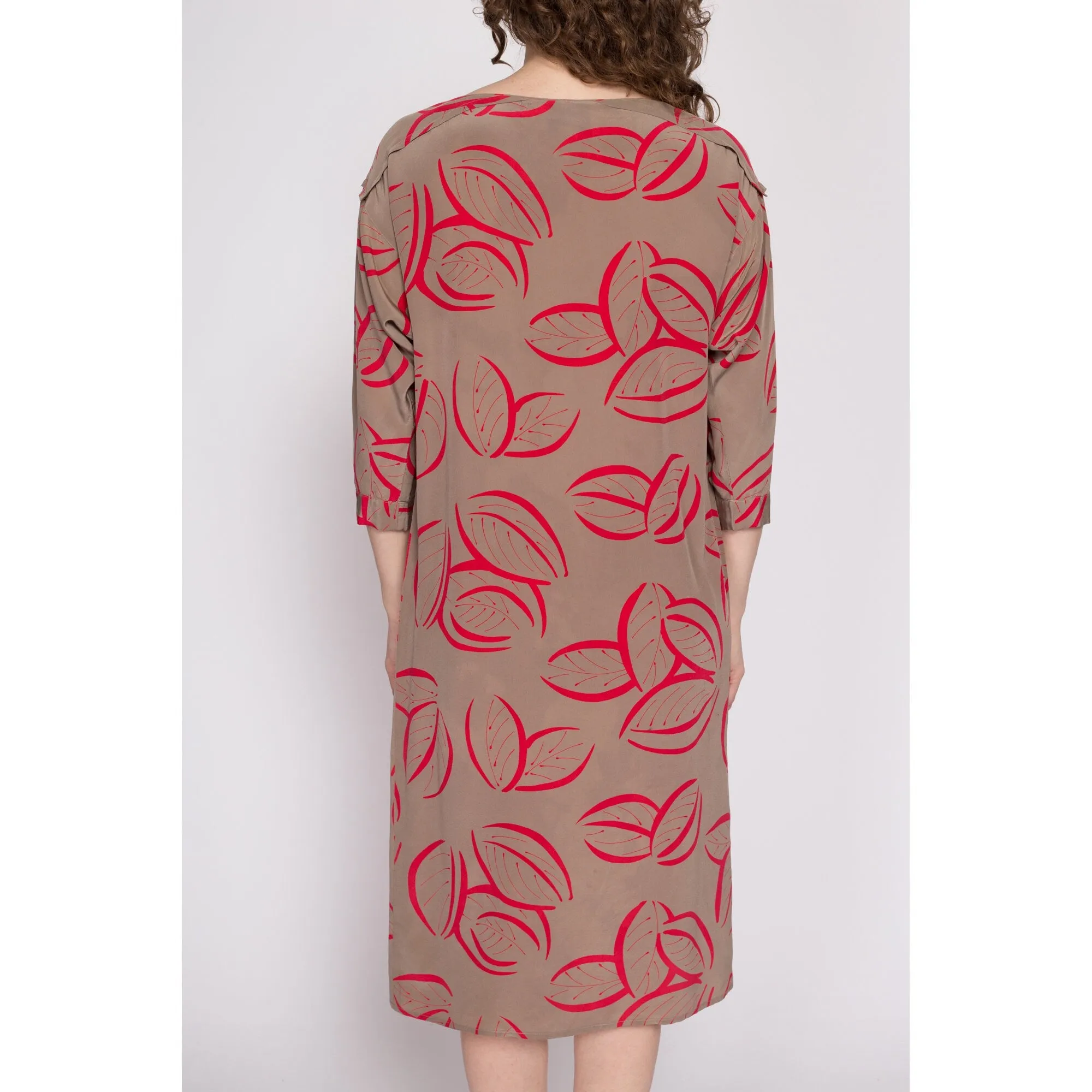 80s Silk Leaf Print Shift Dress, As Is - Medium to Large