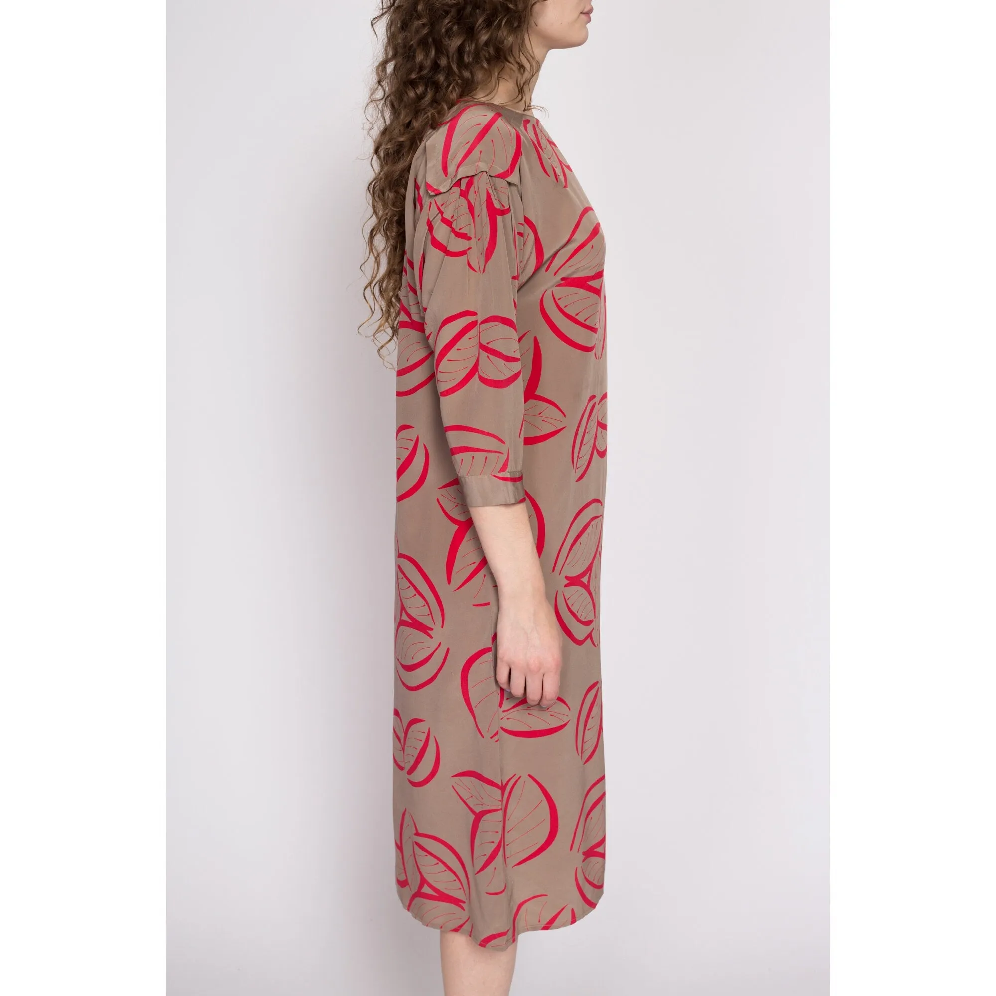 80s Silk Leaf Print Shift Dress, As Is - Medium to Large