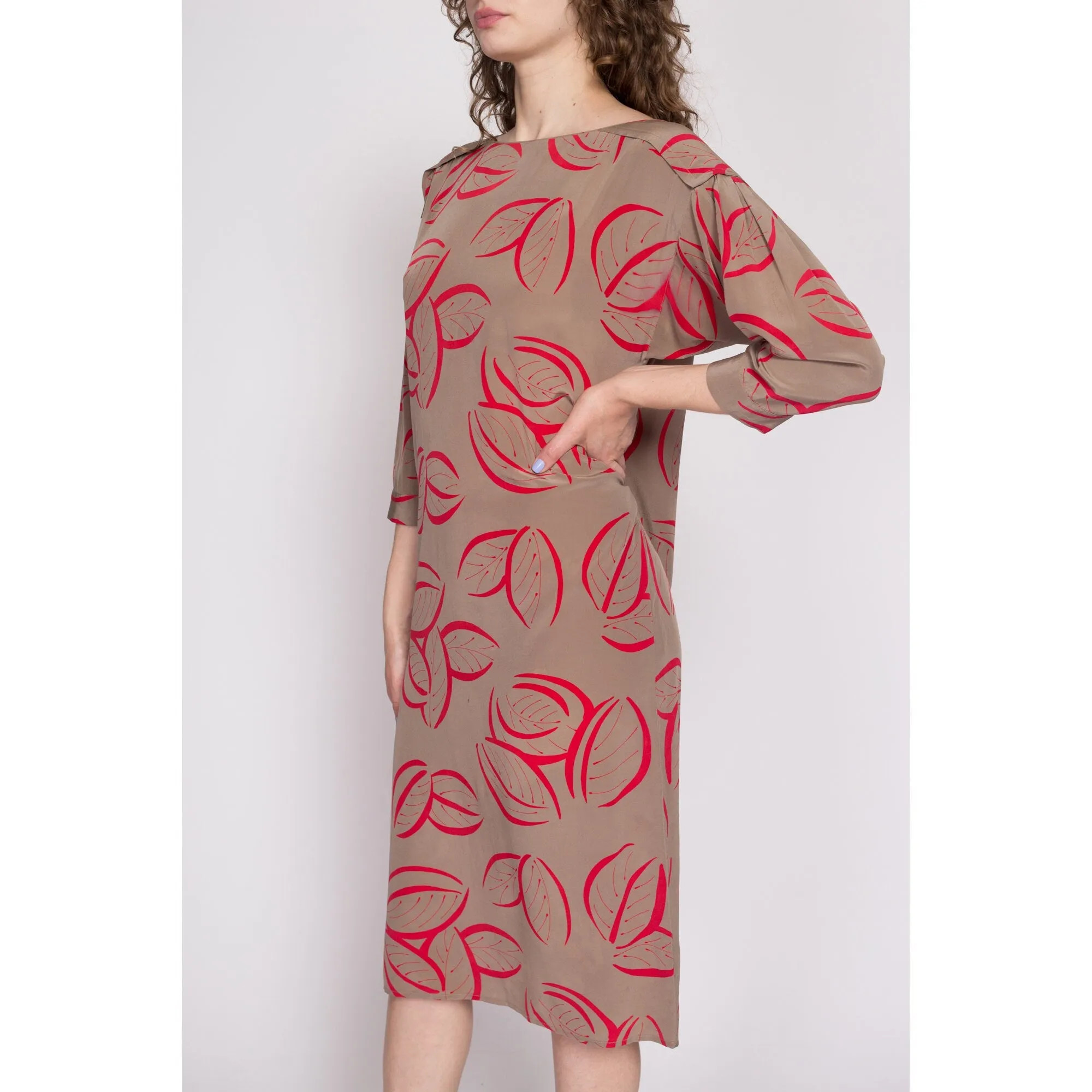 80s Silk Leaf Print Shift Dress, As Is - Medium to Large