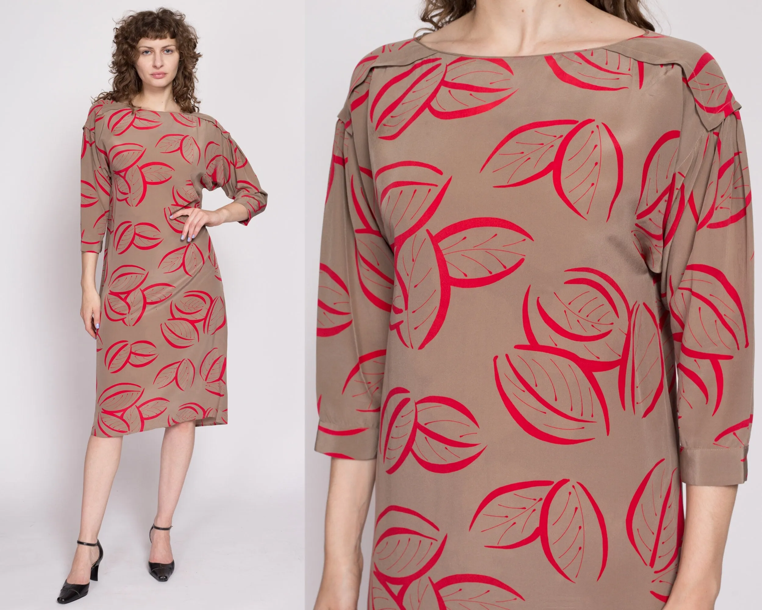 80s Silk Leaf Print Shift Dress, As Is - Medium to Large