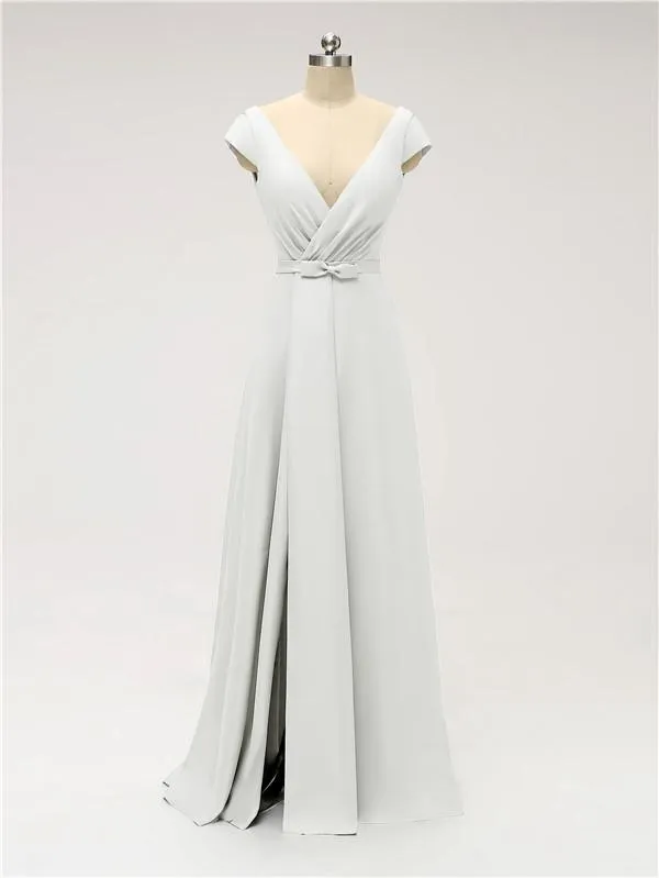 A-line Cap Sleeve Sexy Slit V-neck Floor Length Bridesmaid Dresses