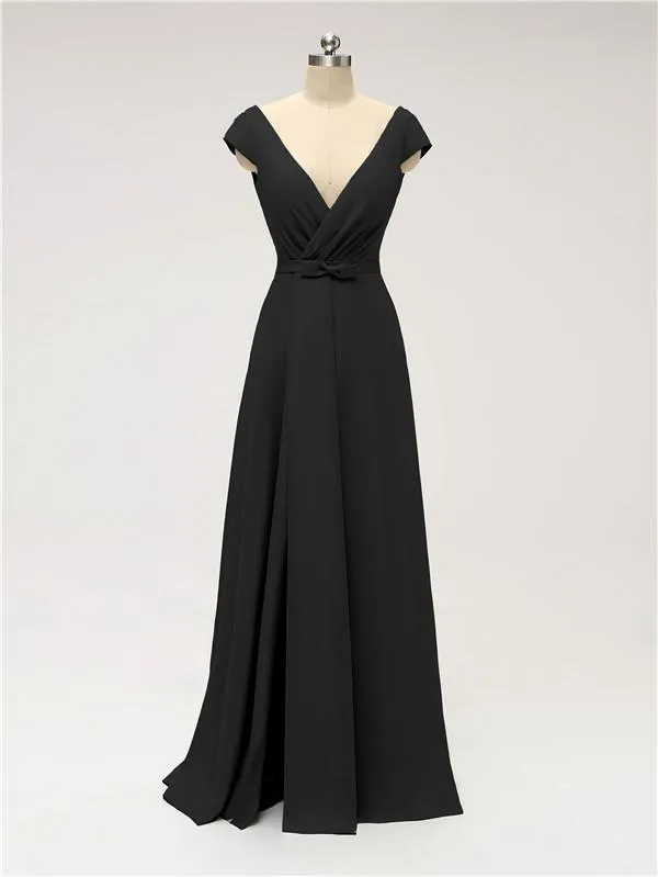 A-line Cap Sleeve Sexy Slit V-neck Floor Length Bridesmaid Dresses