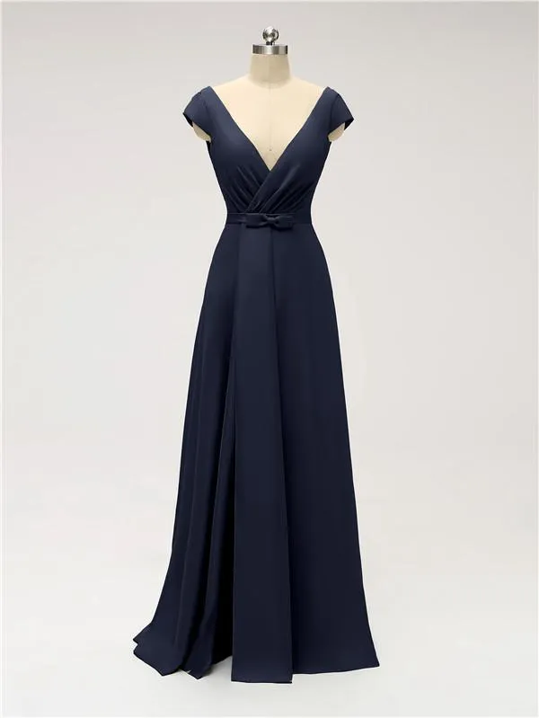 A-line Cap Sleeve Sexy Slit V-neck Floor Length Bridesmaid Dresses