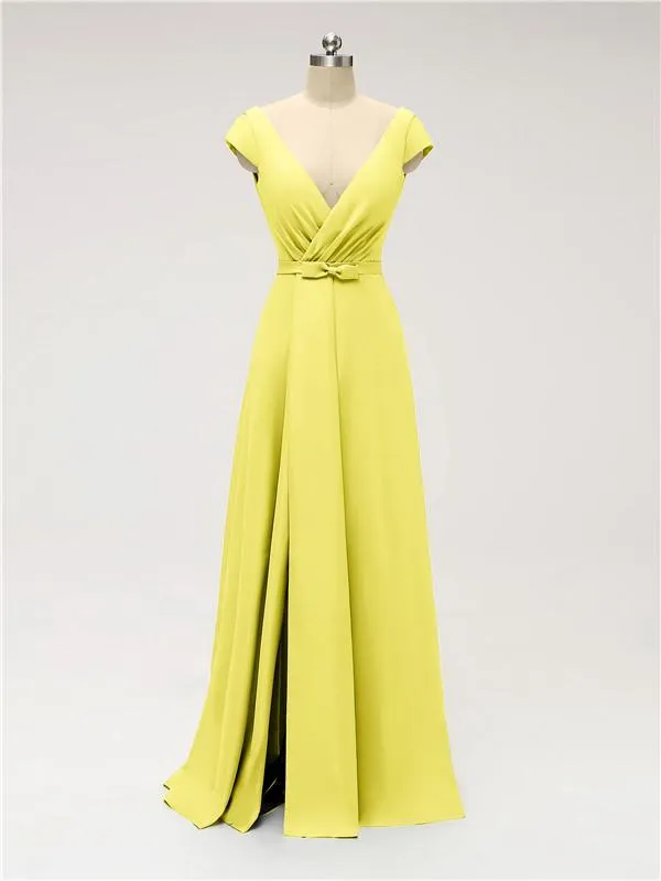 A-line Cap Sleeve Sexy Slit V-neck Floor Length Bridesmaid Dresses