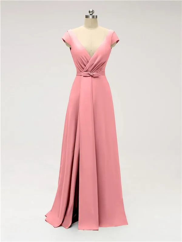 A-line Cap Sleeve Sexy Slit V-neck Floor Length Bridesmaid Dresses