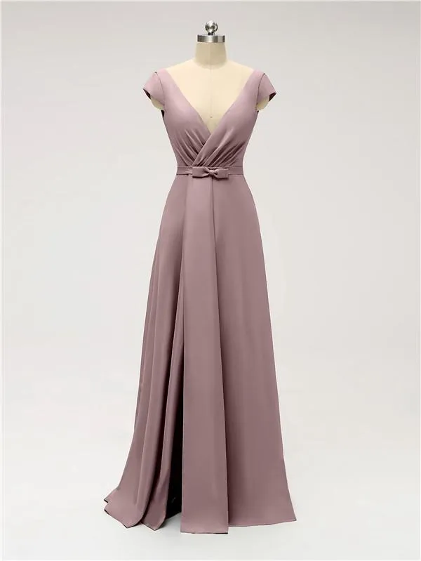 A-line Cap Sleeve Sexy Slit V-neck Floor Length Bridesmaid Dresses