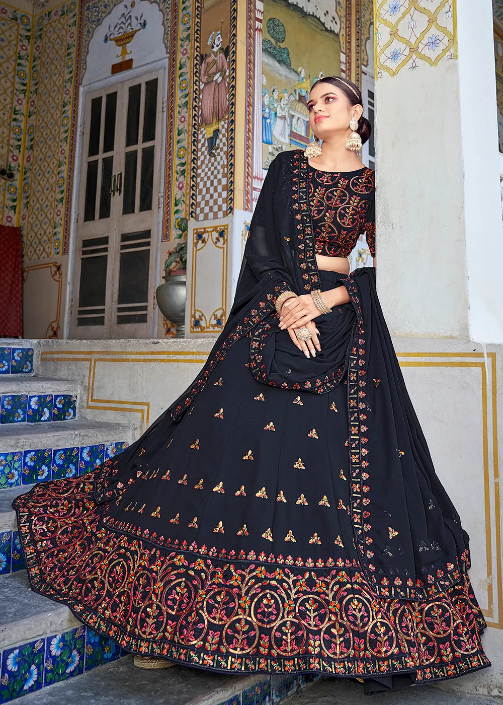 A Line Navy Blue Trendy Sequins Embroidered Wedding Lehenga