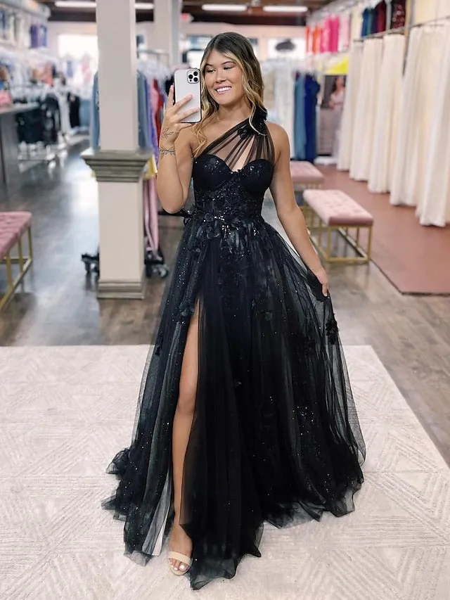 A-Line Prom Dresses Color Block Dress Formal Sweep / Brush Train Sleeveless One Shoulder Tulle Backless with Pleats Appliques 2023