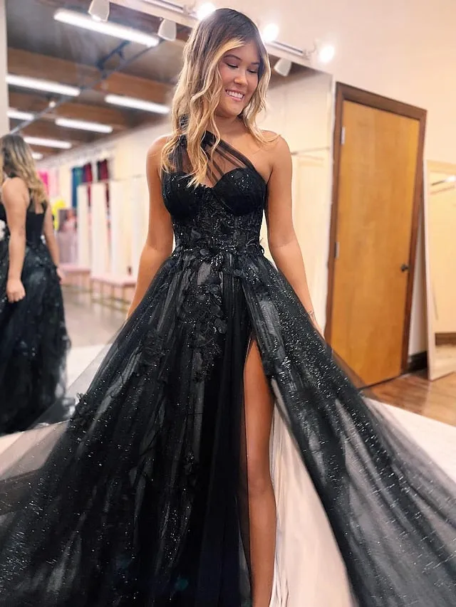 A-Line Prom Dresses Color Block Dress Formal Sweep / Brush Train Sleeveless One Shoulder Tulle Backless with Pleats Appliques 2023