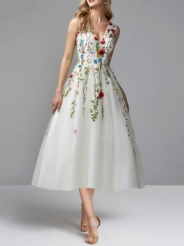 A-Line Prom Dresses White Dress Party Wear Tea Length Sleeveless V Neck Lace with Embroidery Appliques 2023