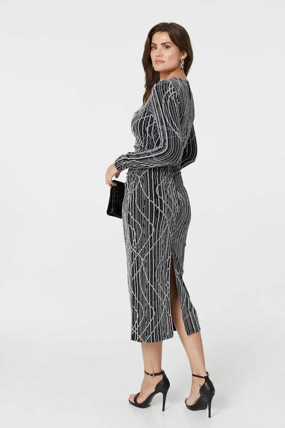 Abstract Print Long Sleeve Ruched Midi Dress