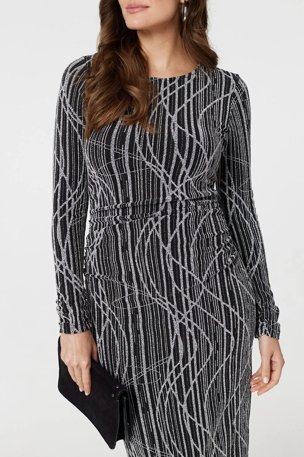 Abstract Print Long Sleeve Ruched Midi Dress