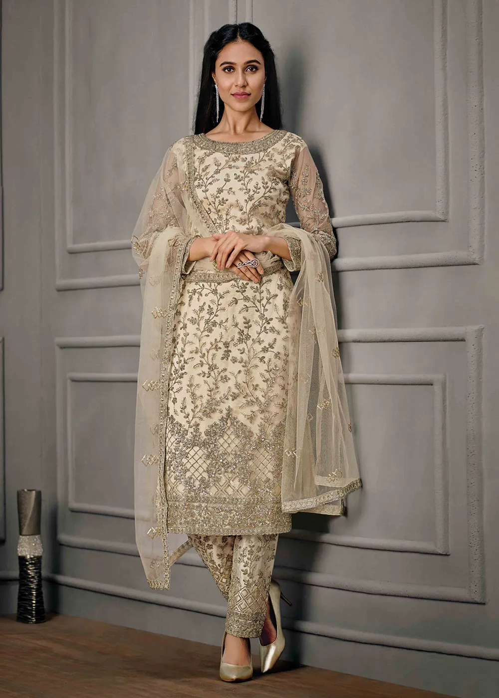 Adorable Cream Wedding Wear Net Embroidered Salwar Suit