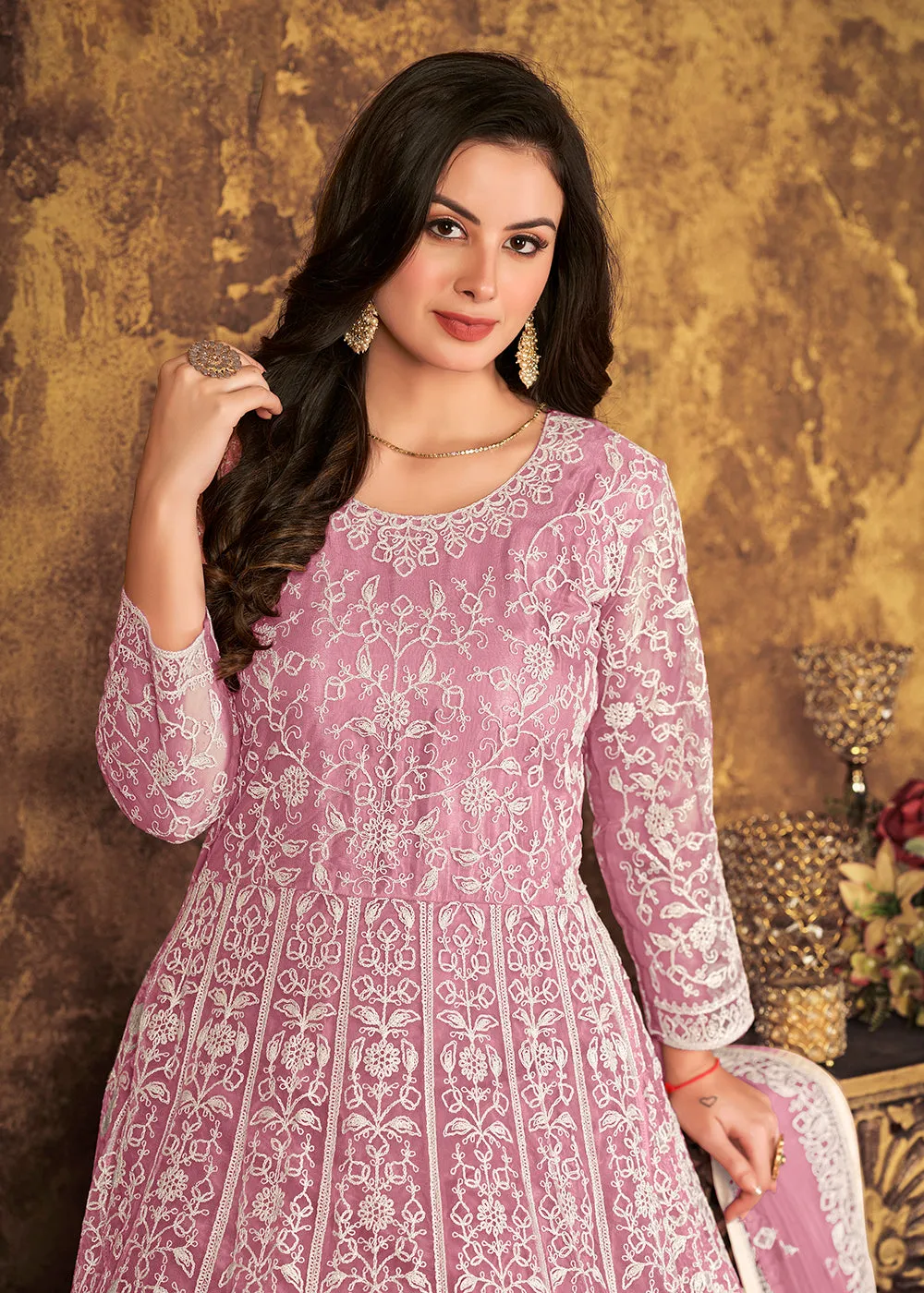 Alluring Pink Cording Embroidered Wedding Anarkali Dress