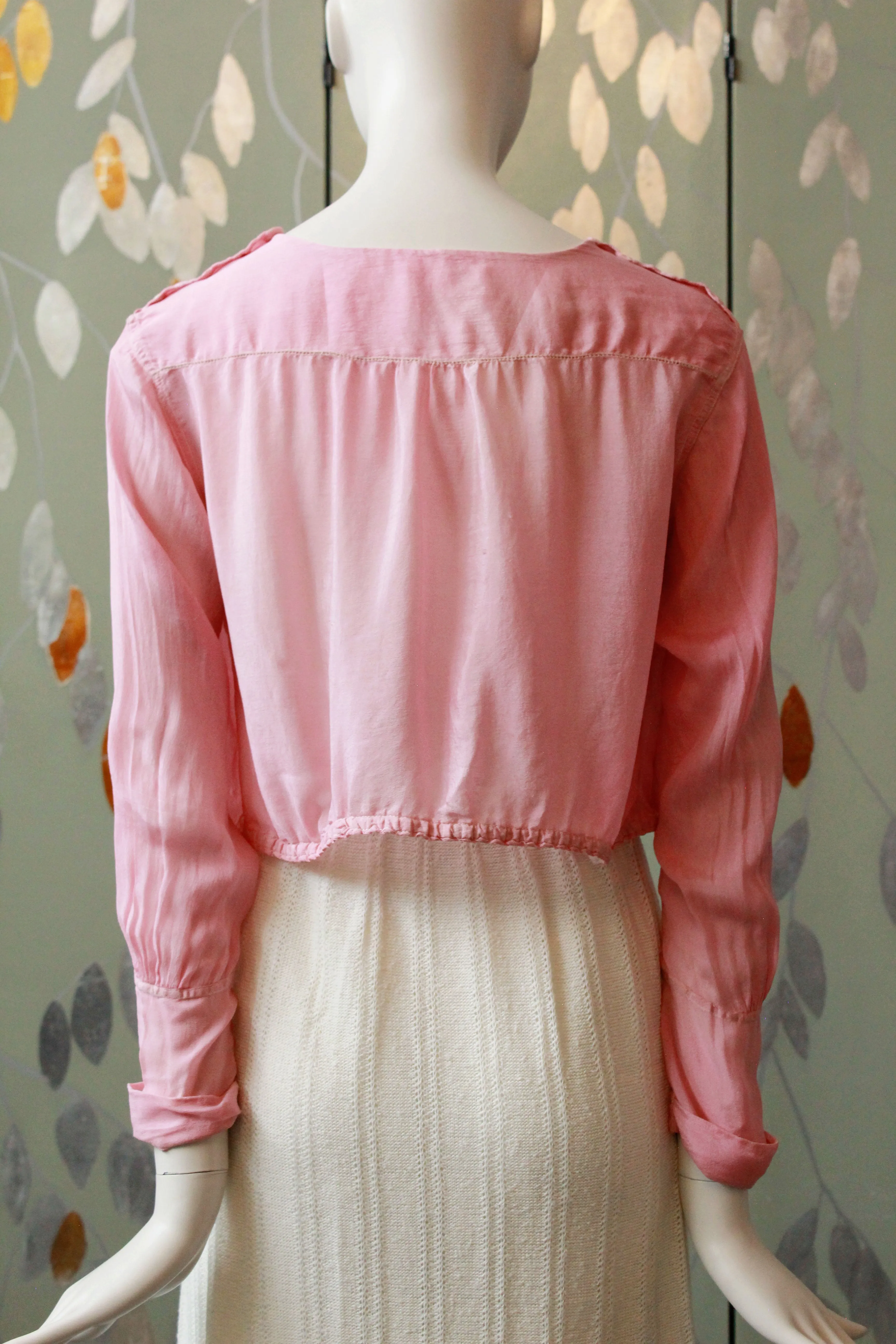 Antique Pink Edwardian Silk Long Sleeve Blouse, Buttons on shoulder, S/M