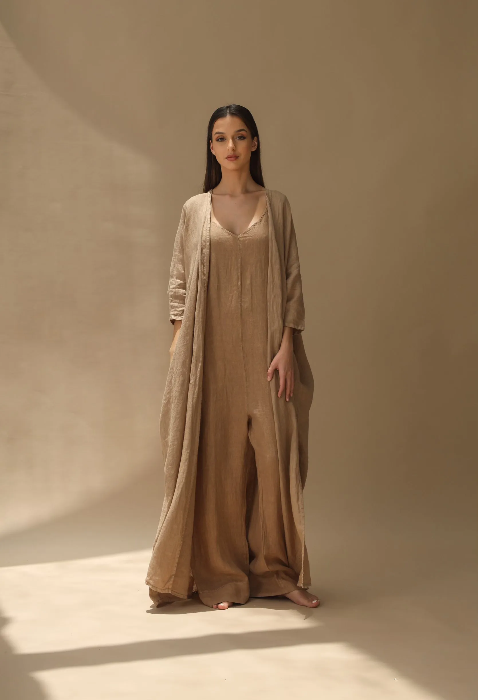 Aria Pure Linen Bisht Abaya Cammello