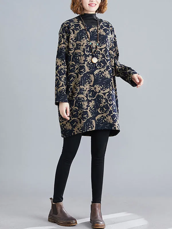 Artistic Retro Loose Long Sleeves Keep Warm Floral Printed High-Neck Mini Dresses