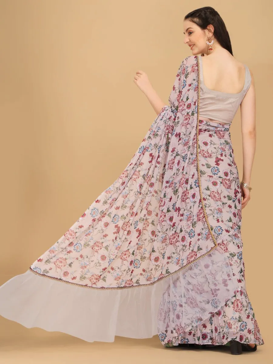 Beige & Maroon Floral Printed Ruffled Net Saree