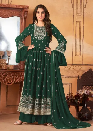 Bell Sleeved Glittering Green Wedding Function Palazzo Suit