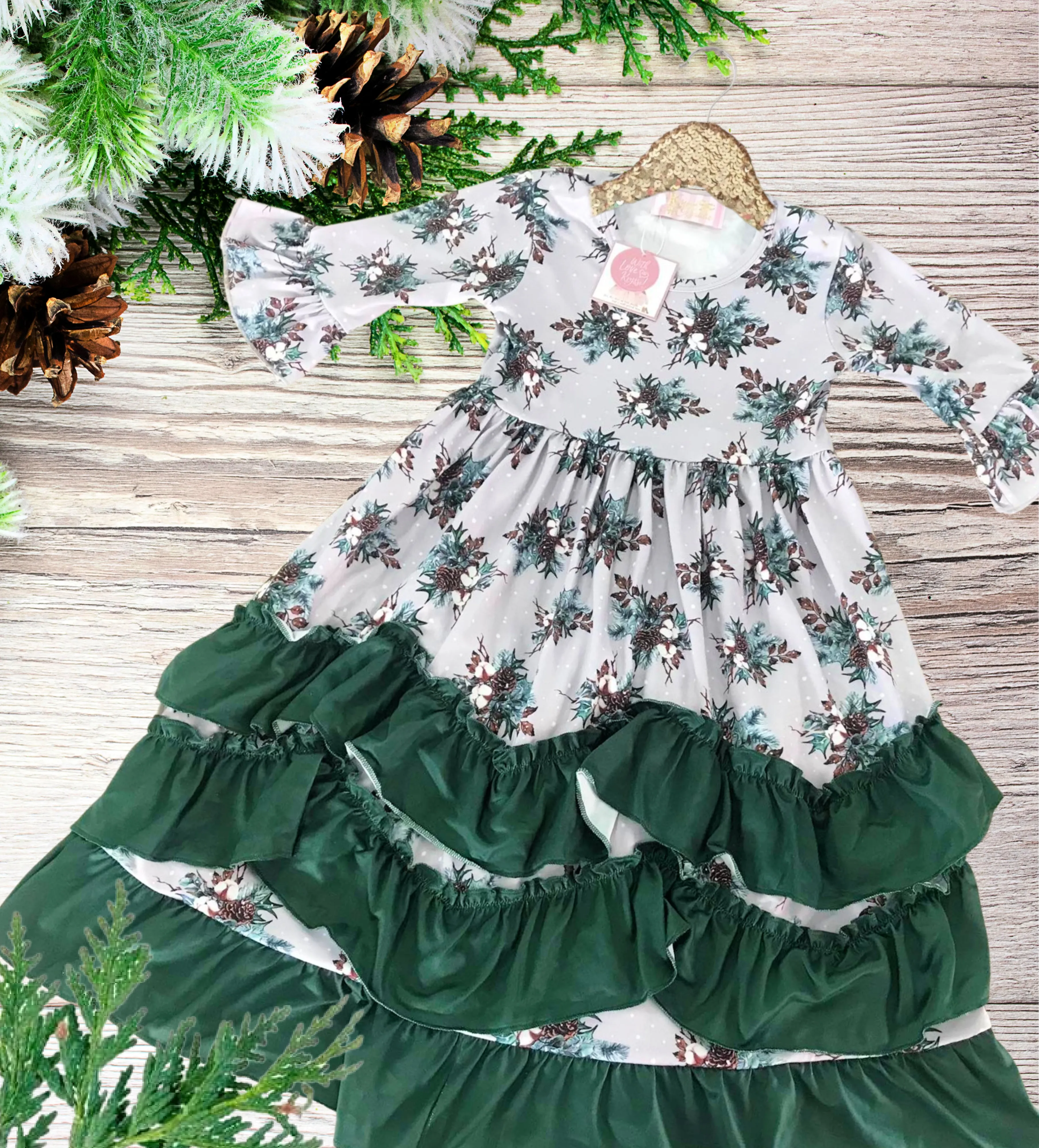 BEST SELLER - Girls Long Ruffle Holiday/Christmas  Dresses - Grey & Green Cotton