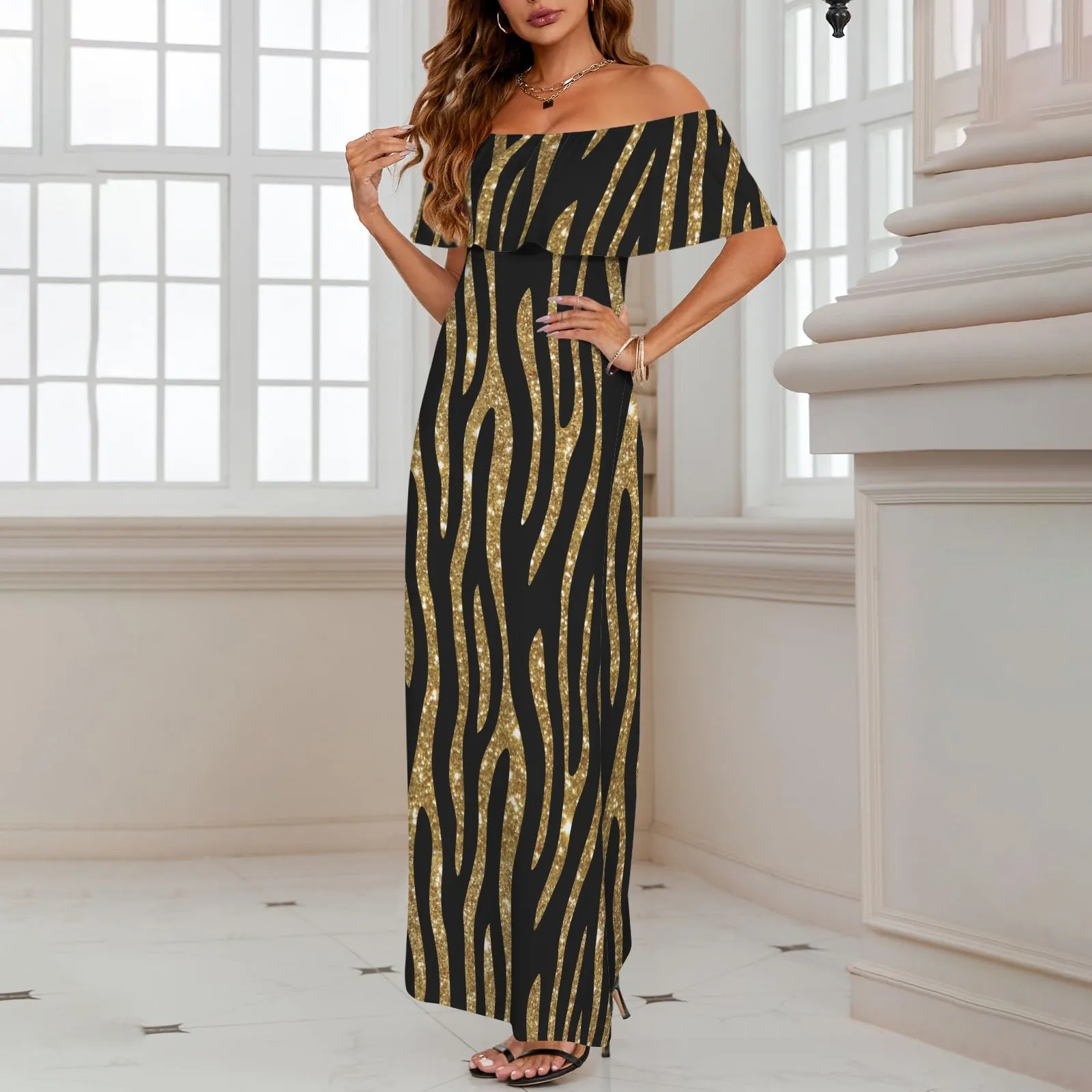 Black and Gold Glitter Leopard Print Women's Off Shoulder Ruffle Boat Neck Dress (Model D71)