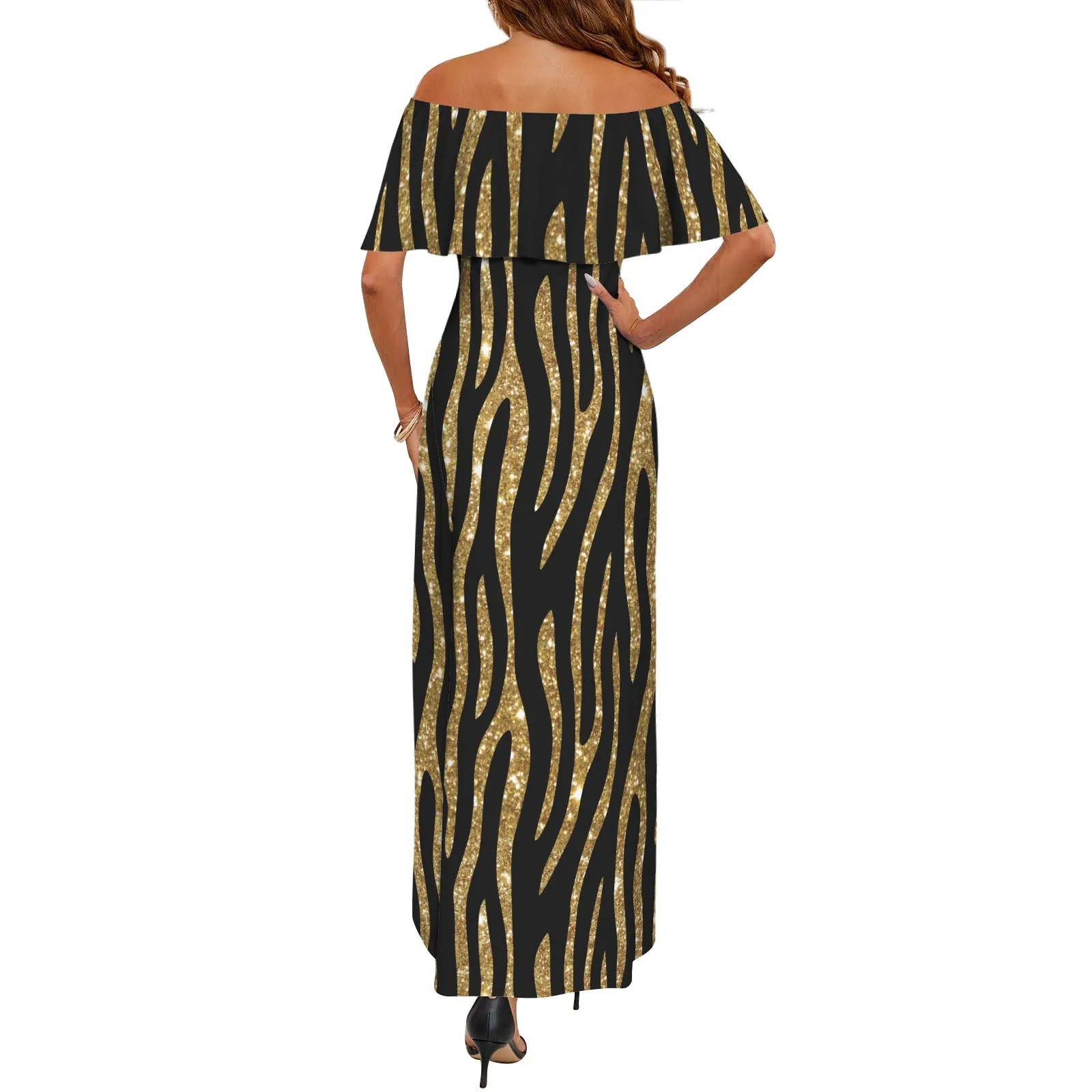 Black and Gold Glitter Leopard Print Women's Off Shoulder Ruffle Boat Neck Dress (Model D71)