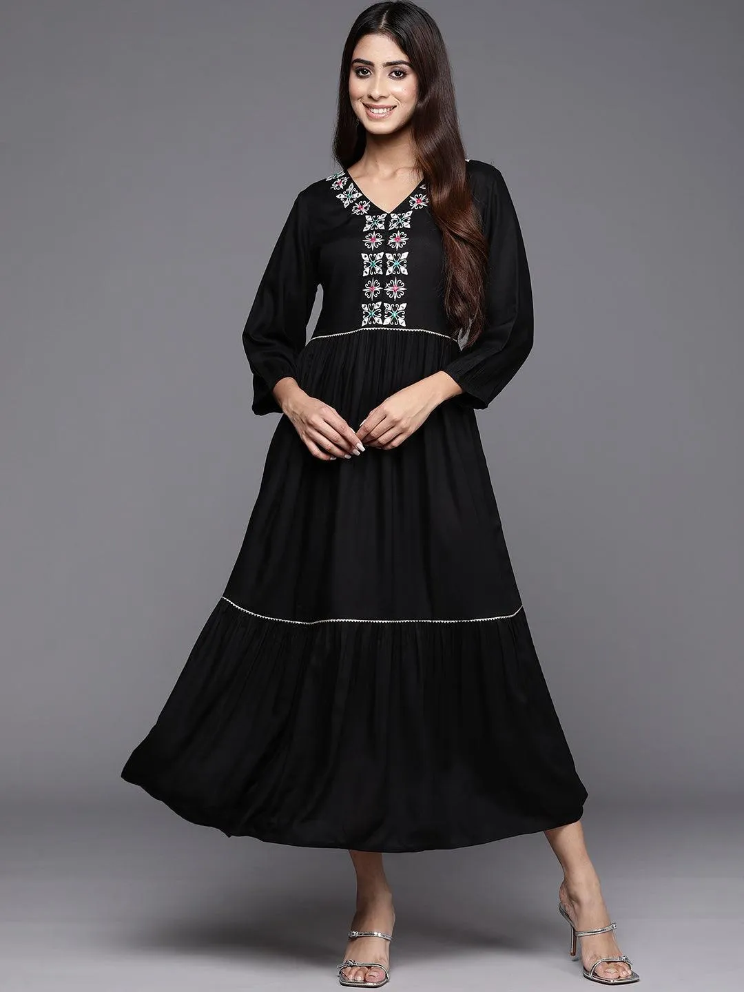 Black Embroidered Rayon Maxi Dress