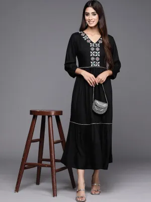 Black Embroidered Rayon Maxi Dress