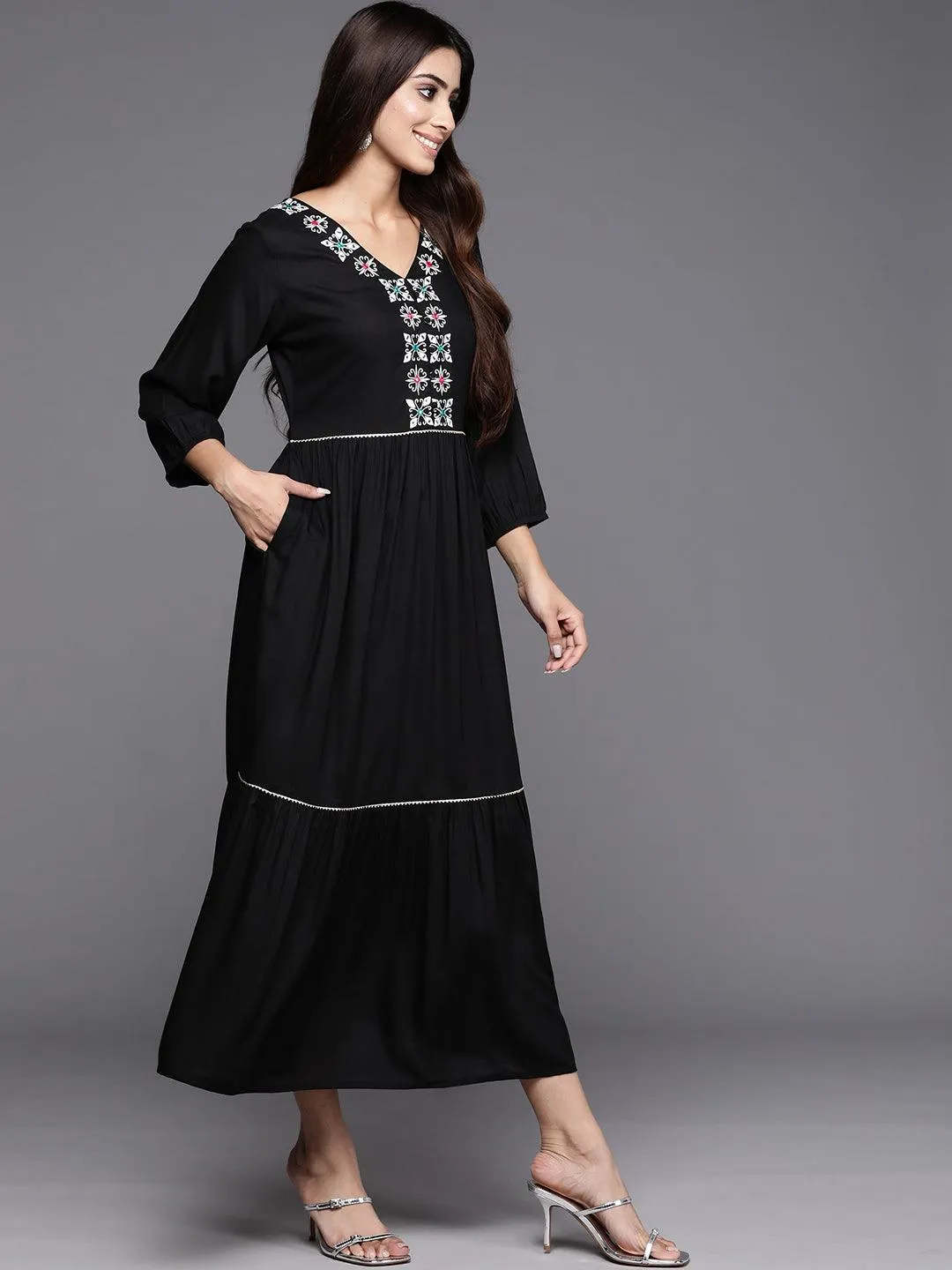 Black Embroidered Rayon Maxi Dress