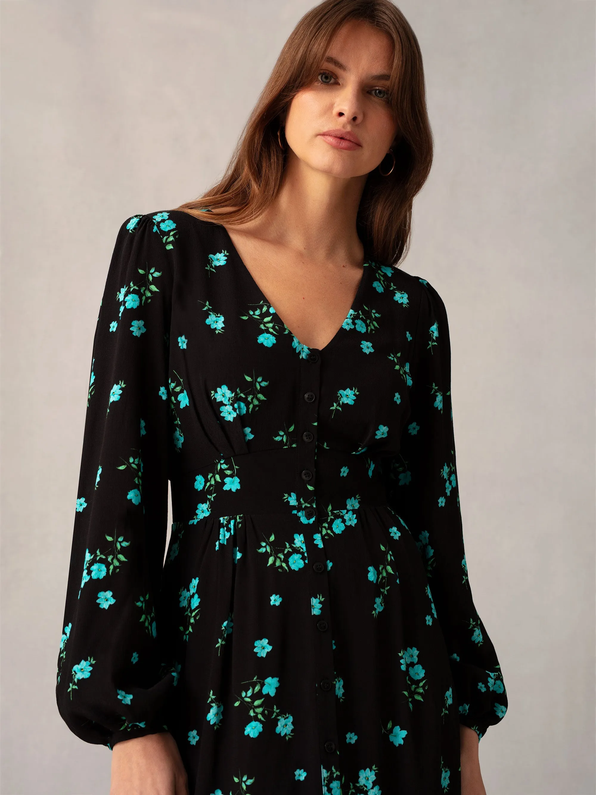 Blue Cluster Floral Button Front Midi Dress