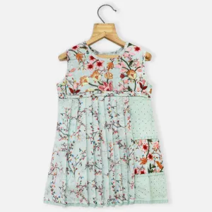 Blue Floral Embroidered Pleated Cotton Dress