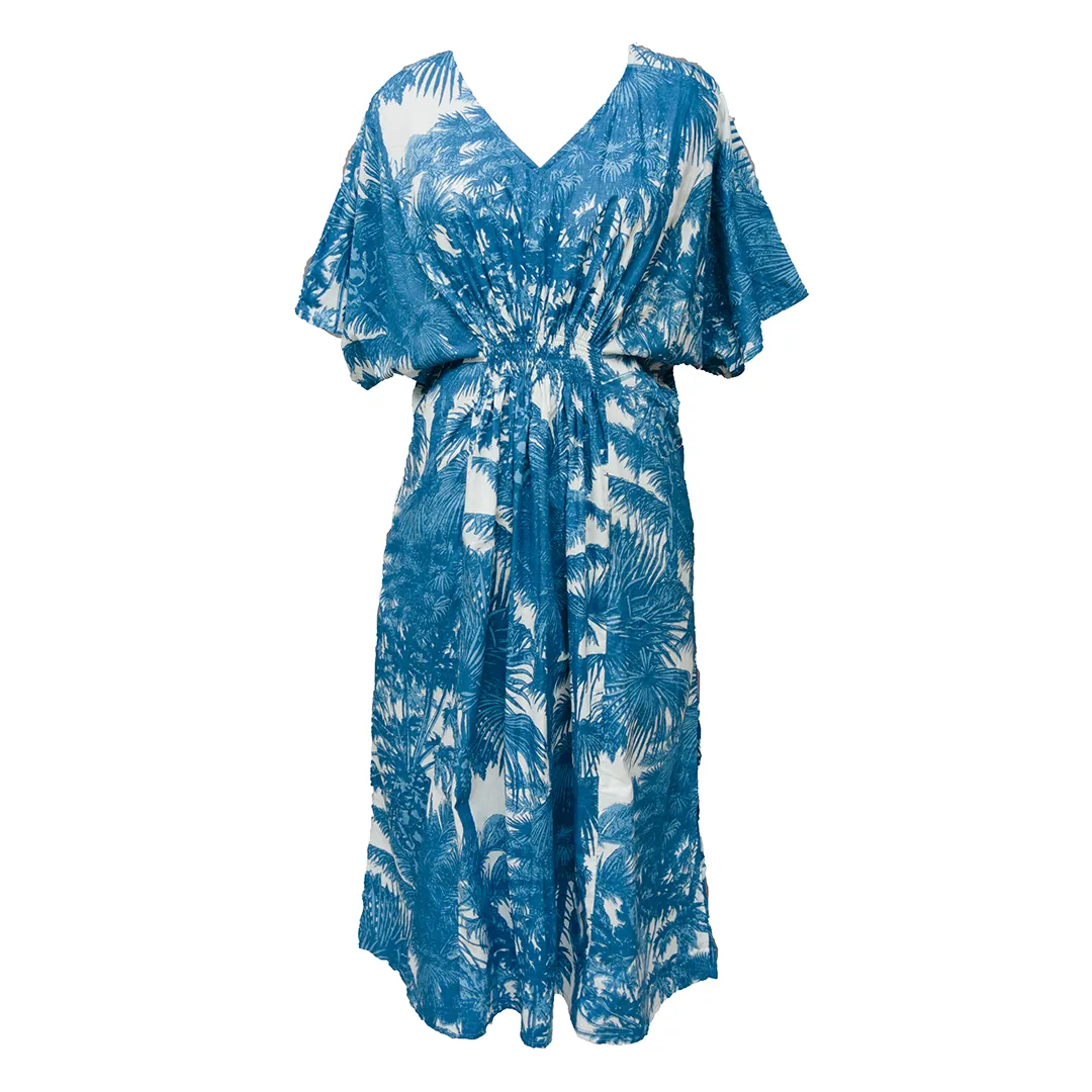 Blue Palm Cotton Smocked Maxi Dress Size 16-32 P207