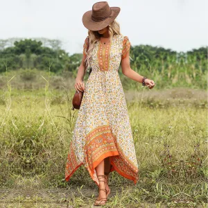 Bohemian V-Neck Printed Irregular Hem Flowing Short-Sleeved Dress Wholesale Dresses