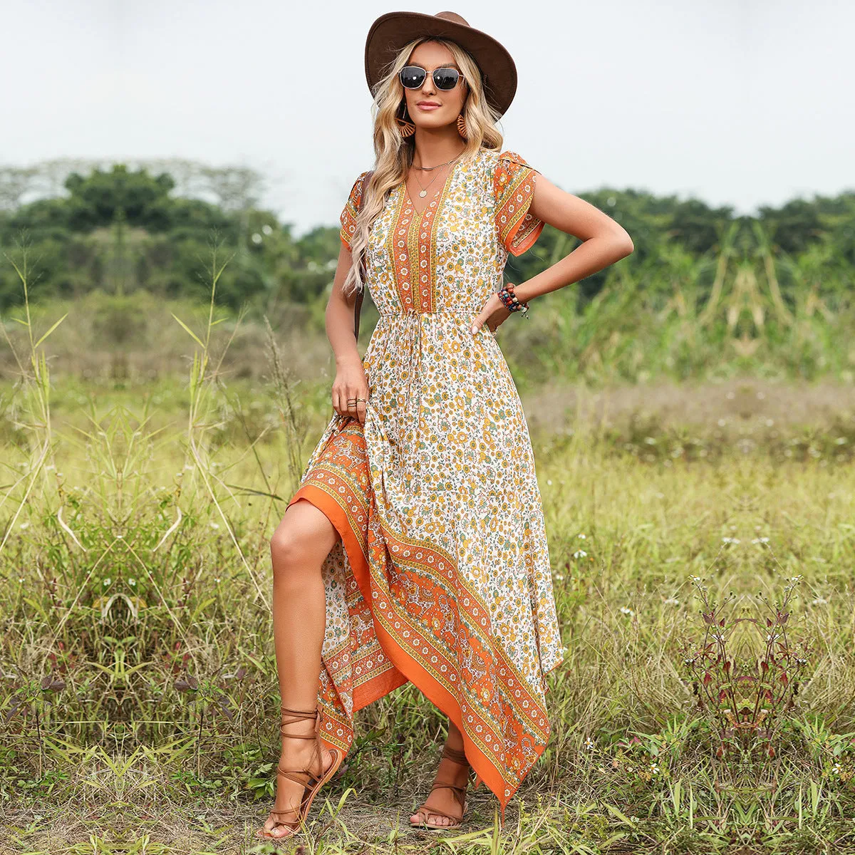 Bohemian V-Neck Printed Irregular Hem Flowing Short-Sleeved Dress Wholesale Dresses