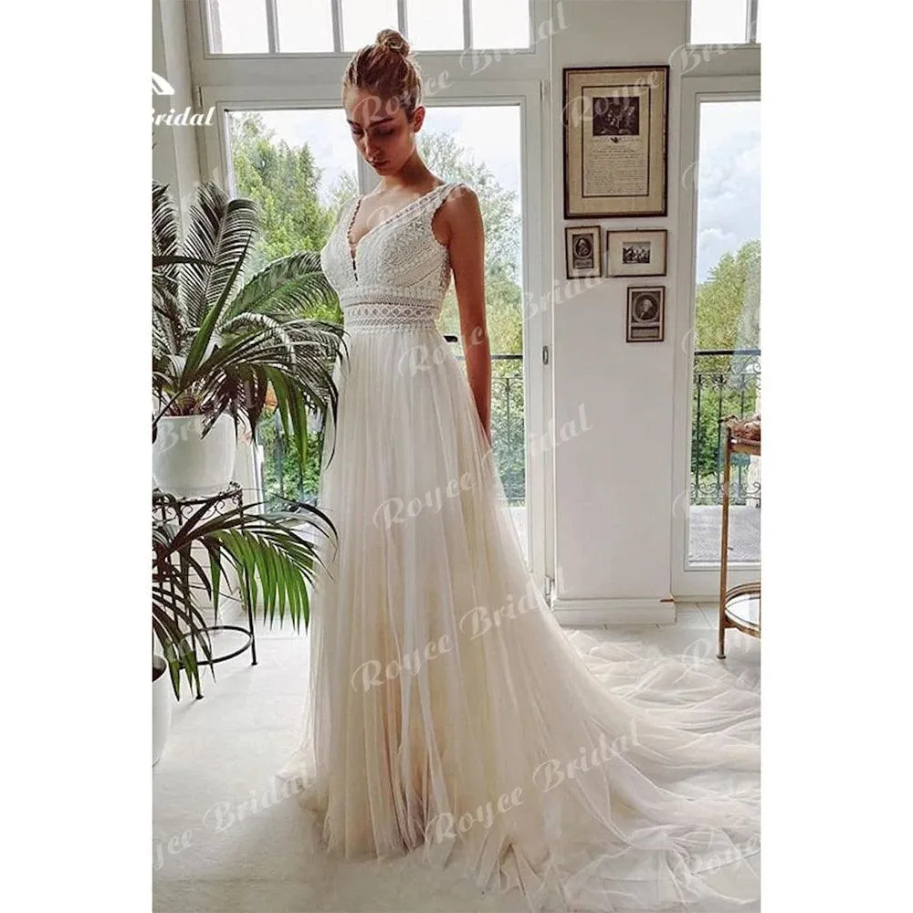 Boho Wedding Dresses 2024 V Neck Beach Lace Bridal Wedding Gowns Elegant Bohemian Tulle A Line Bridal Dress vestidos de novia