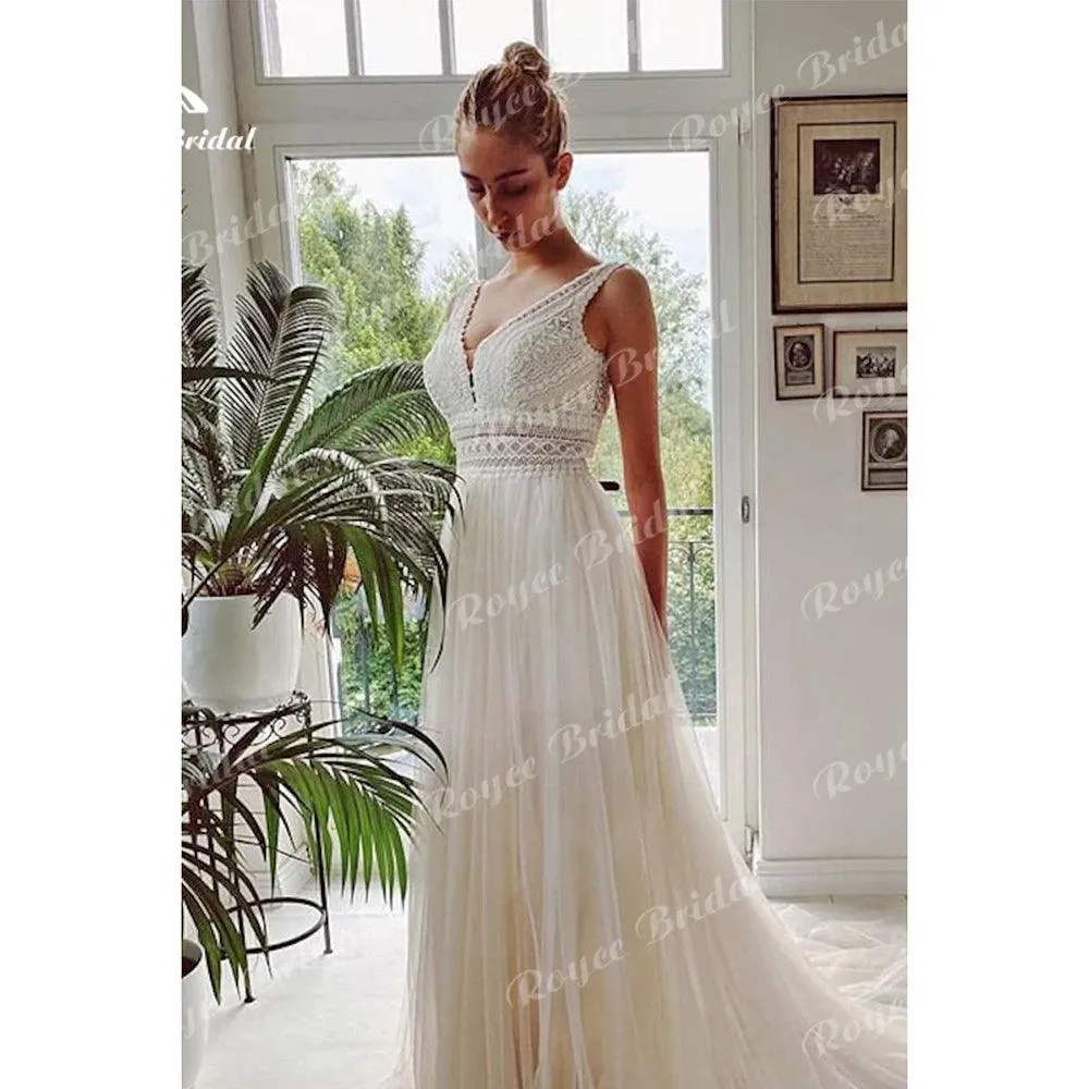 Boho Wedding Dresses 2024 V Neck Beach Lace Bridal Wedding Gowns Elegant Bohemian Tulle A Line Bridal Dress vestidos de novia