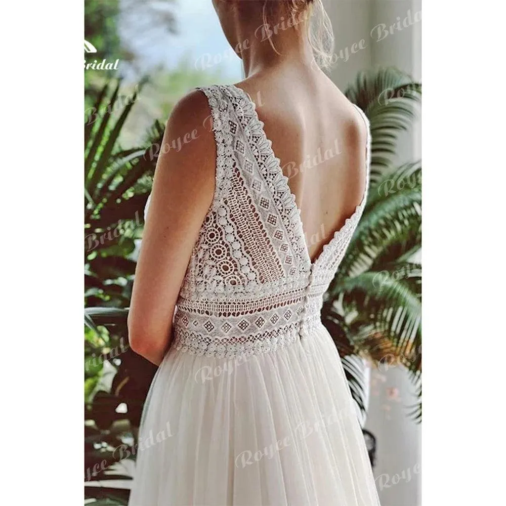 Boho Wedding Dresses 2024 V Neck Beach Lace Bridal Wedding Gowns Elegant Bohemian Tulle A Line Bridal Dress vestidos de novia