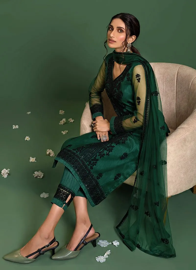 Bottle Green Straight Cut Pakistani Style Pant Suit