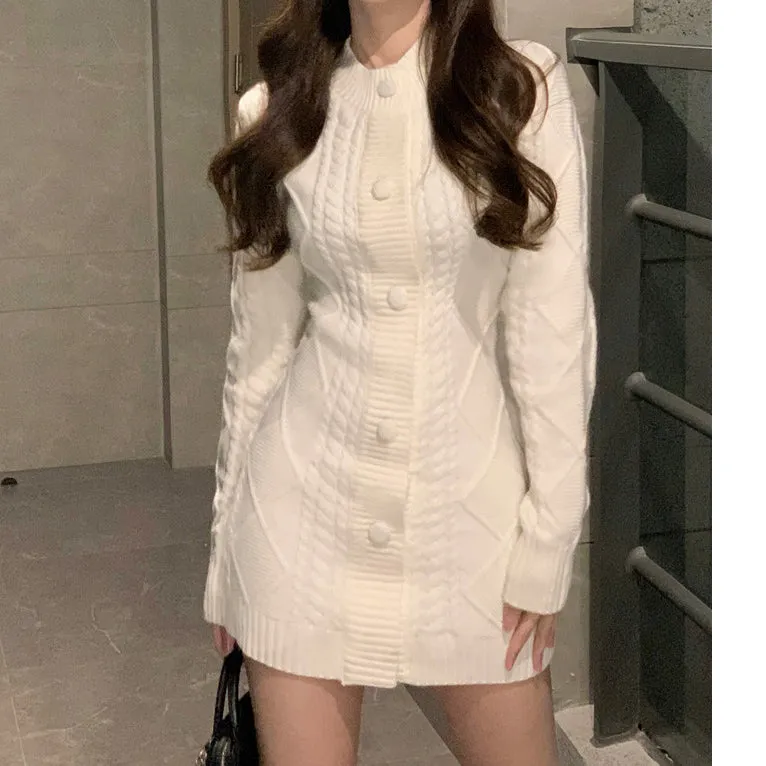 Braided Single-Breasted Crewneck Knitted Dress