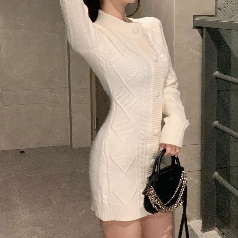 Braided Single-Breasted Crewneck Knitted Dress