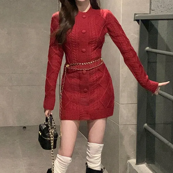 Braided Single-Breasted Crewneck Knitted Dress