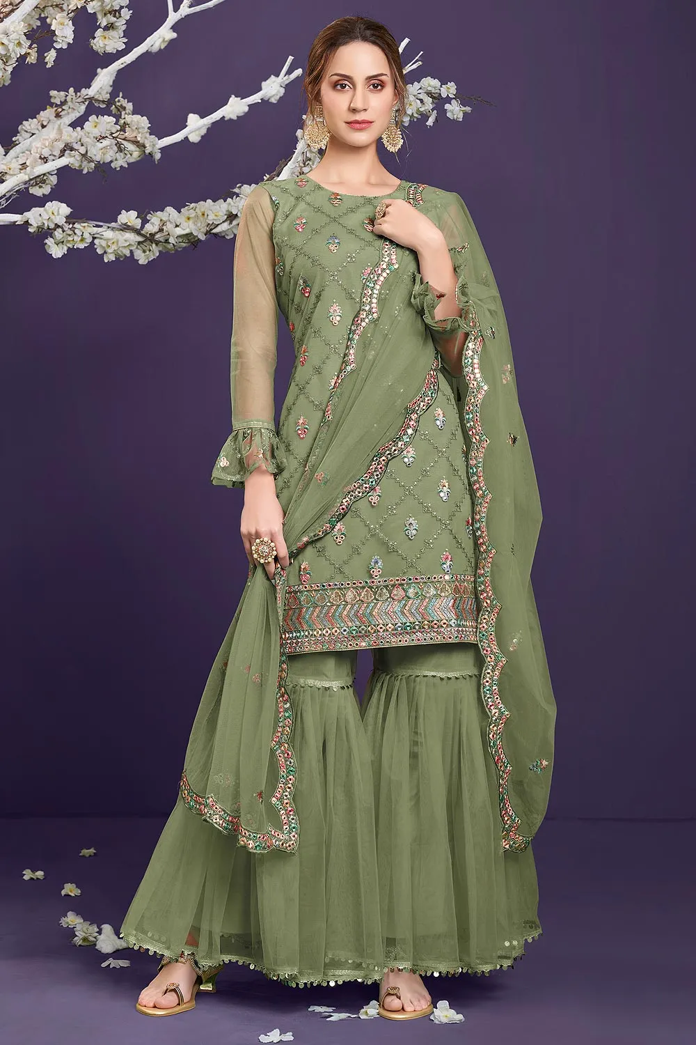 Butterfly Net Pastel Green Premium Embroidered Gharara Suit