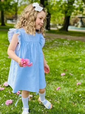 Calamaro Baby Blue Dress with Lace Ruffle Sleeve