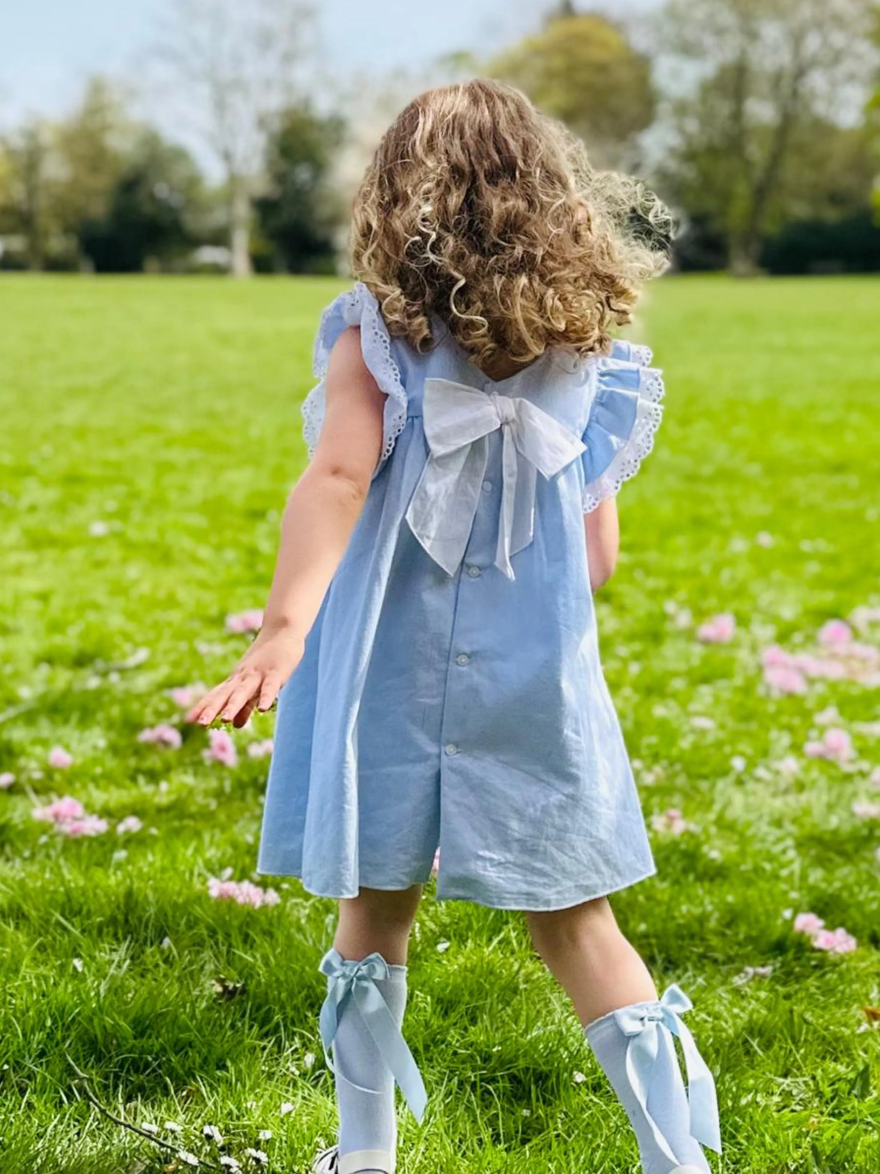 Calamaro Baby Blue Dress with Lace Ruffle Sleeve