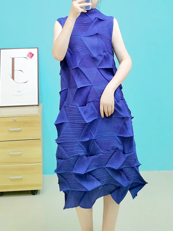 Casual Sleeveless Irregularity Pleated Solid Color Stand Collar Midi Dresses