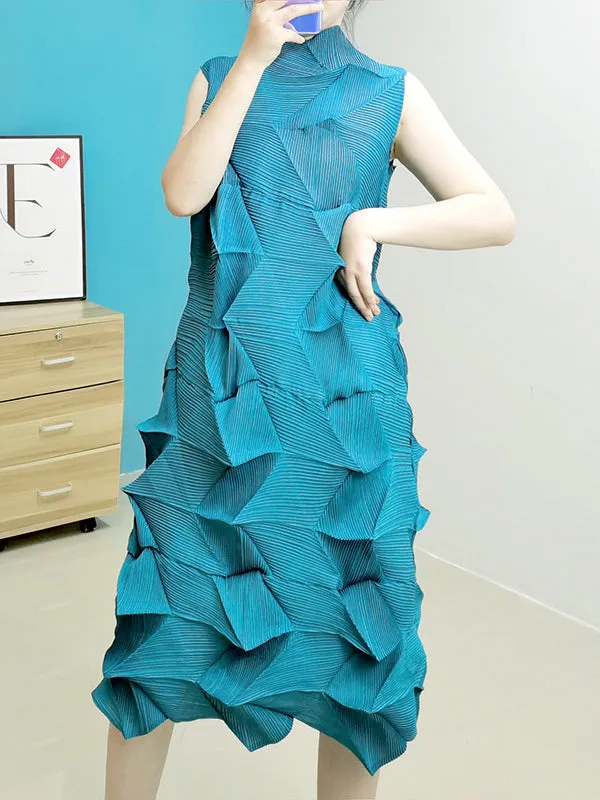 Casual Sleeveless Irregularity Pleated Solid Color Stand Collar Midi Dresses