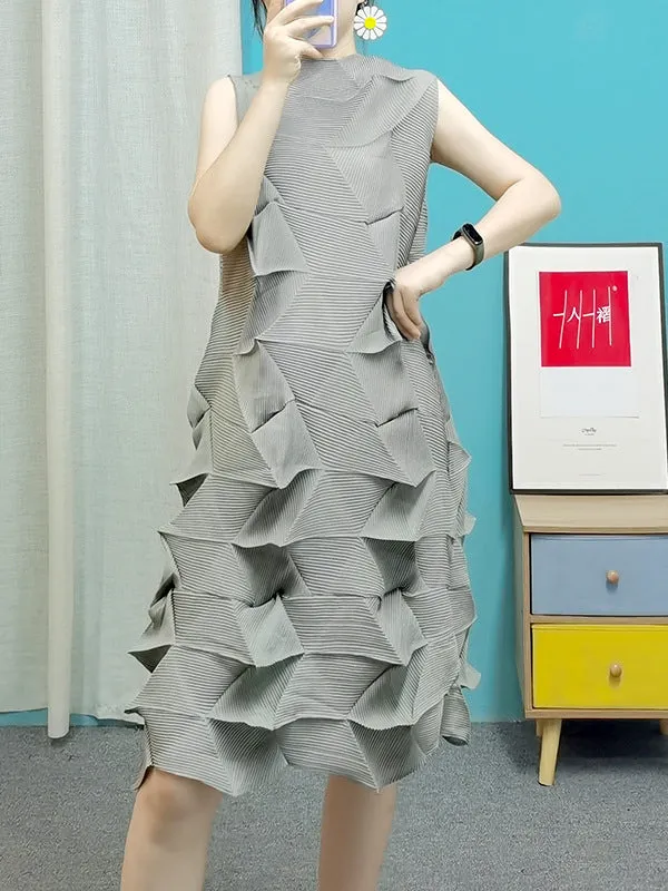 Casual Sleeveless Irregularity Pleated Solid Color Stand Collar Midi Dresses