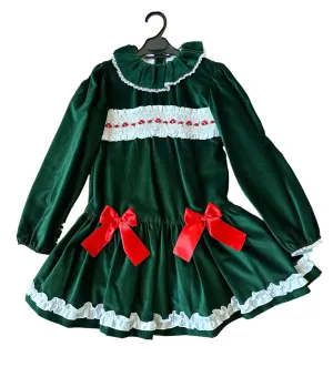 CLEARANCE SALE - Sonata Infantil - Girls Green Velvet Smocked Front Drop Waist Velvet Dress 10yr