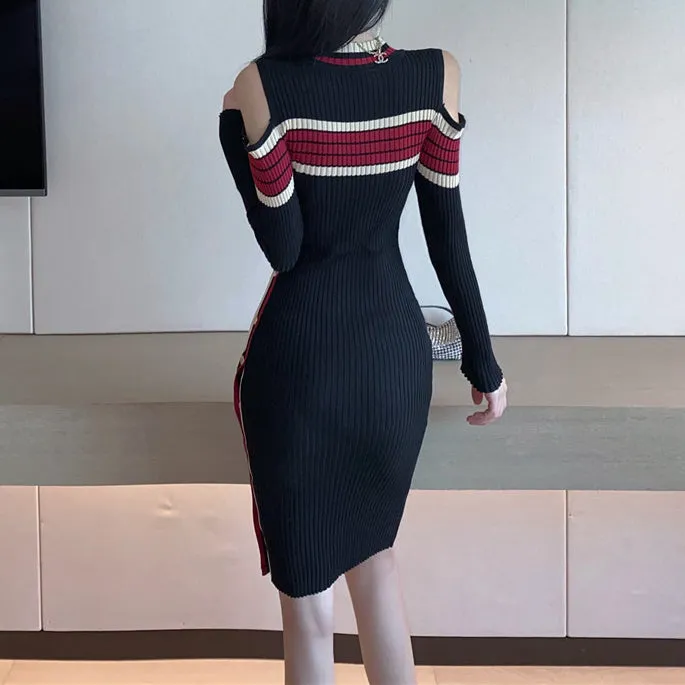 Colorblock Off-The-Shoulder Split Knit Winter Dress